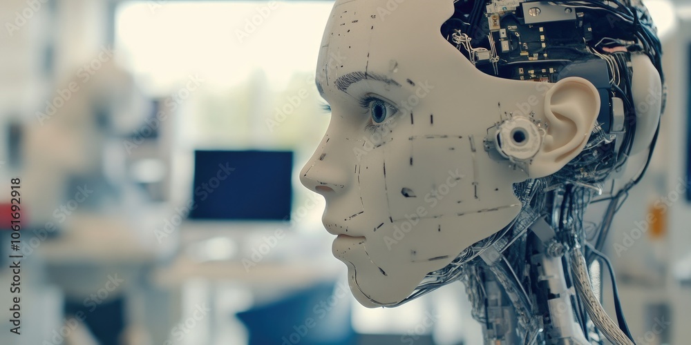 Poster A high-tech cybernetics workshop with robotic enhancements where scientists test advanced functionalities.