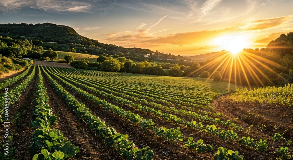 Poster sunset illuminates lush green vineyards, creating a serene landscape with rolling hills background