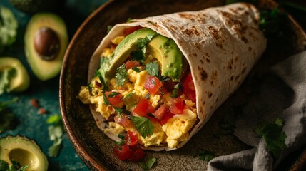 A breakfast burrito loaded with scrambled eggs, chorizo, avocado and cheese wrapped in a soft flour tortilla and served with salsa.