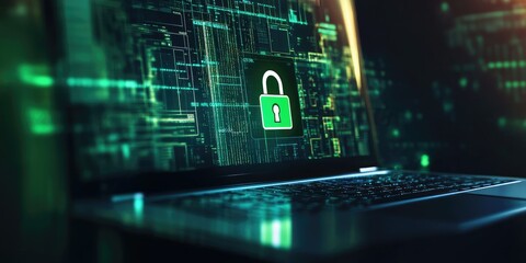 A laptop screen showcases a successful encryption process, with a green checkmark and padlock icon, symbolizing secure data handling, no people included.