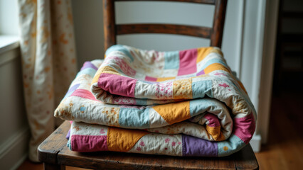Colorful quilt folded on a wooden chair.