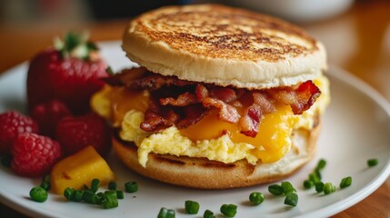 A breakfast sandwich loaded with scrambled eggs, cheese and bacon, served on a toasted English muffin with a side of fruit.