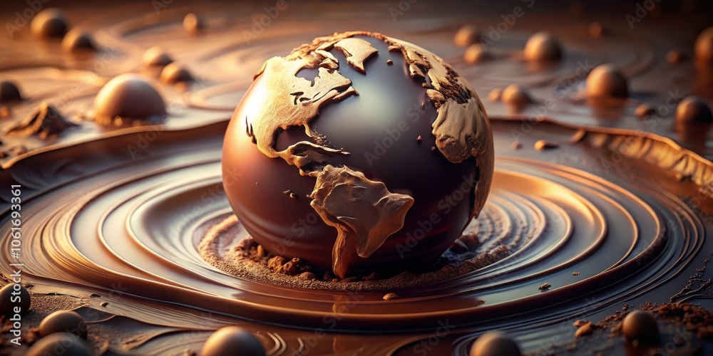 Aufkleber a chocolate earth globe nestled in a pool of melted chocolate surrounded by cocoa powder