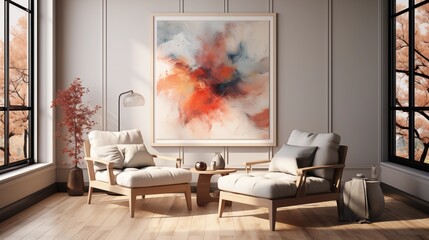 Chic living room with a blank poster frame, ideal for personalized art or creative decor.