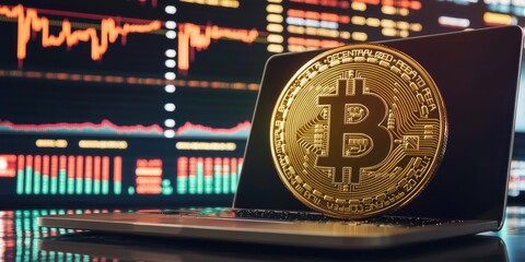 Digital wallet interface on a laptop highlights cryptocurrency transactions, set against a busy corporate trading floor in the background.