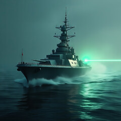 Naklejka premium Illustration of a modern battleship using an anti-aicraft laser for self-defense