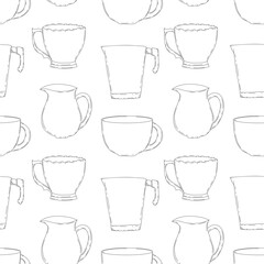 Coffee and tea cups and mug, kitchen supplies. Hand drawn vector doodle black and white Illustration. Monochrome seamless pattern design for menu, textile, decor, web