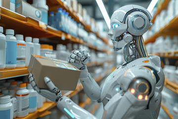 Fototapeta premium robot in action. robot in the drug store holding a box with drugs. robot works in the pharmacy store as a pharmacist. AI Generated