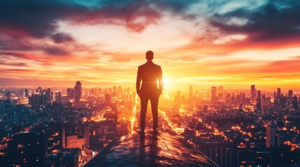 Fototapeta premium A businessman standing on a rooftop at dusk, overlooking the glowing city lights, symbolizing his journey to success and his vision for future growth