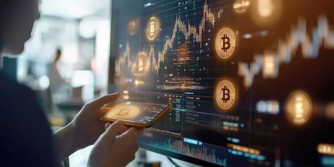 Abstract concept shows a financial analyst reviewing a digital wallet with cryptocurrency balances, framed by a blurred office setting.