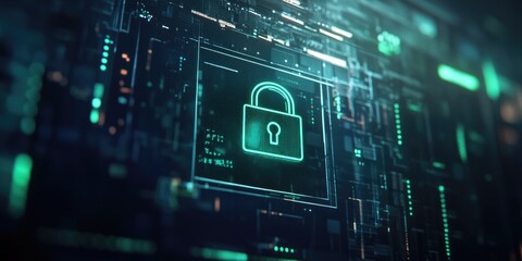 Fototapeta premium A computer screen illustrates a successful data encryption process with a padlock icon and a green checkmark, emphasizing cybersecurity effectiveness, with no people show