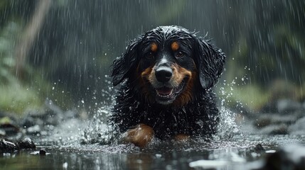 Happy Dog Splashing in Rainy Outdoor Scene