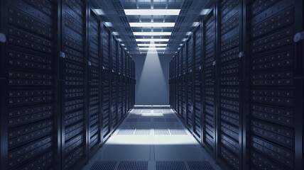 Dimly lit server room with light beam symbolizing data transparency