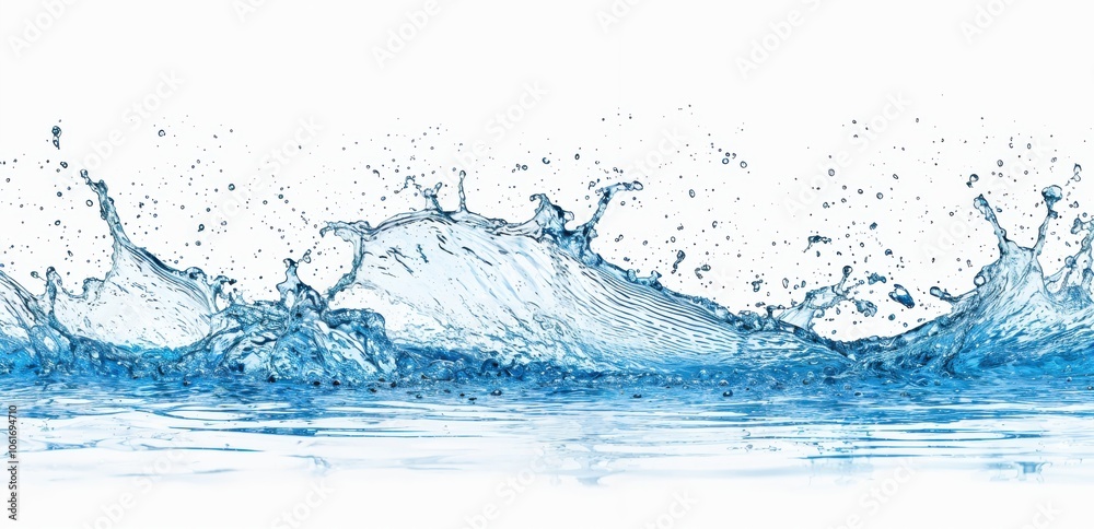 Poster splash of blue water creates dynamic patterns against a white background