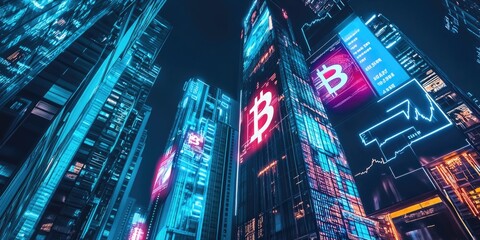 A futuristic financial district with holographic ads for fintech companies, cryptocurrency exchanges, and global stock markets, displayed on neon-lit skyscrapers.