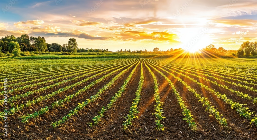 Aufkleber Sunrise illuminates a lush green field, featuring neatly arranged rows of young crops under a sky.