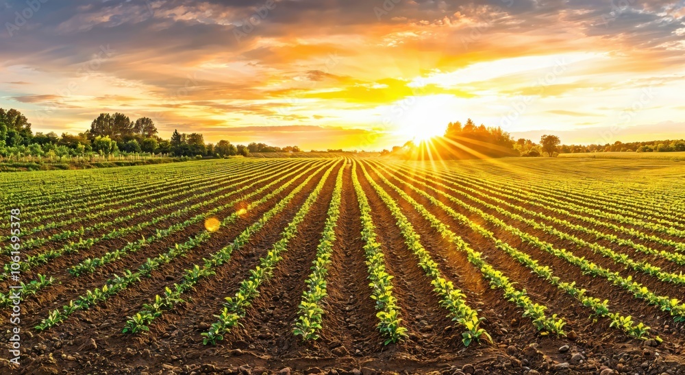 Poster sunset illuminates a lush green field, showcasing neatly arranged rows of crops under a golden sky.