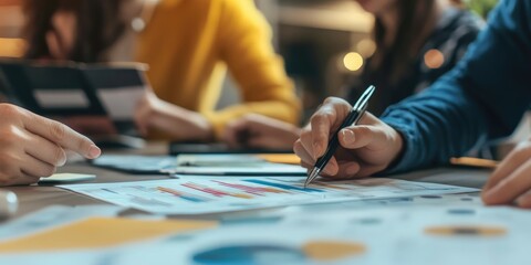 Obraz premium A business team collaborates on crafting a financial budget, using interactive tools and charts to analyze income and expenses in a modern office.