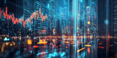 A cutting-edge financial hub with holographic stock charts, glowing digital currency symbols, and neon lights reflecting off glass skyscrapers in a high-tech cityscape.