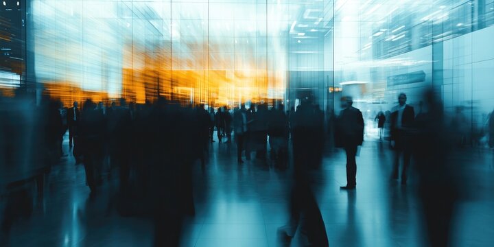 A business conference captured with blurred figures under dim, indistinct lighting, creating a sense of abstract networking in the scene.