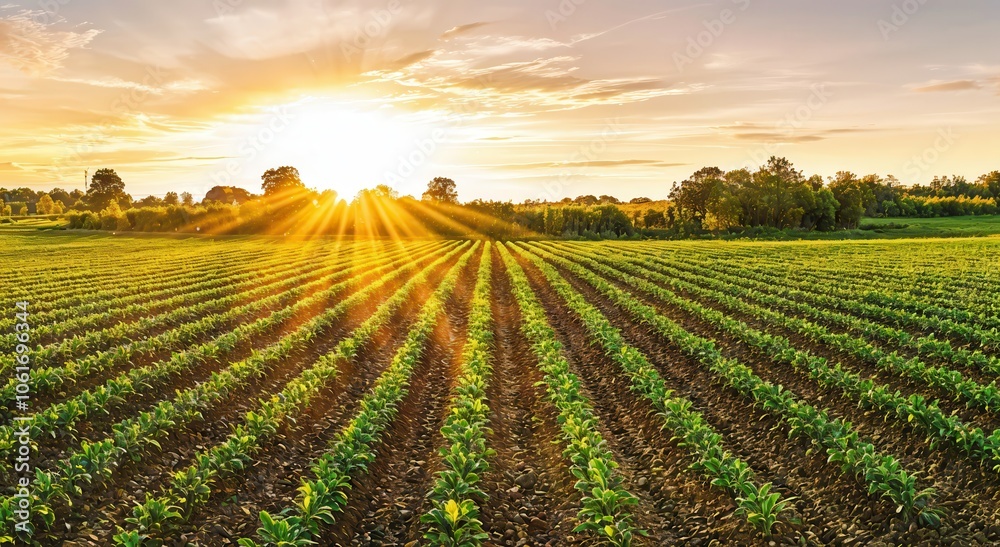 Poster sunset over a green field, with sun rays illuminating the rows of crops