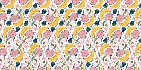 Radiant seamless pattern featuring bananas, figs, blackberries, white strawberries, pink flowers, and green leaves. Rendered in a contemporary, organic vector style with flat colors, emanating a