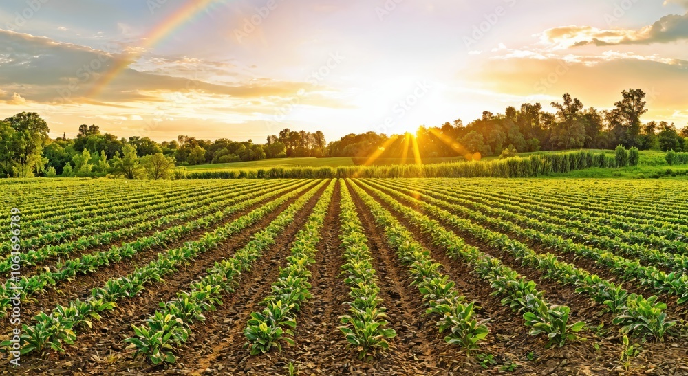 Poster sunset casts golden rays over a lush green field, showcasing rows of crops