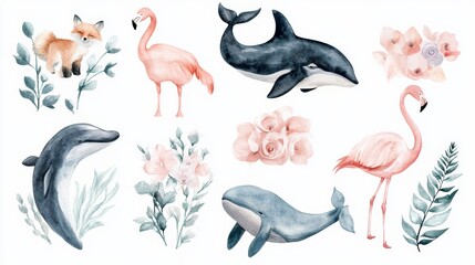 A collection of animal watercolor graphics with hand-painted illustrations of animals like foxes, whales, and flamingos, perfect for greeting cards and invitations