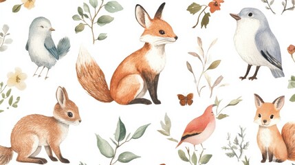 Naklejka premium A collection of animal watercolor graphics with soft, hand-painted illustrations of animals like rabbits, foxes, and birds, perfect for greeting cards and art prints
