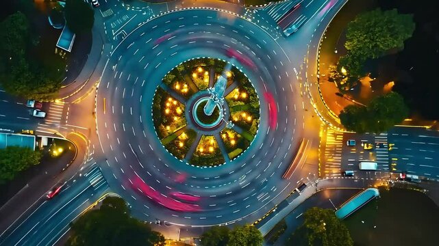 Aerial view of a busy roundabout illuminated at night, showcasing flowing traffic and vibrant landscaping at the center, creating a dynamic urban scene.