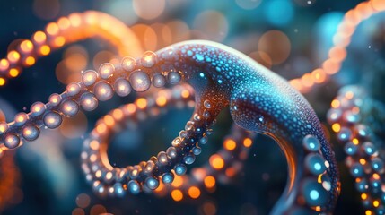 squid's tentacles extending toward the viewer, each limb adorned with tiny glowing orbs that pulse with light.