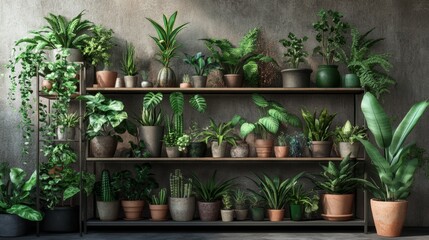 A collection of potted plants arranged on a stylish shelf, featuring a variety of green houseplants like ferns, ivy, and snake plants