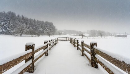 Obraz premium Snowy landscape with a wooden fence and forest covered in snow on a wintry day.