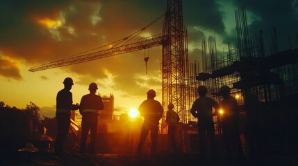 A construction project team working through the night, with civil engineers and workers discussing plans and timelines under bright lights to keep the project on track