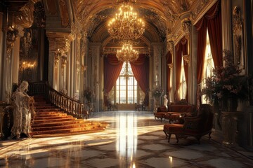 Fototapeta premium Elegant Grand Interior with Golden Chandeliers