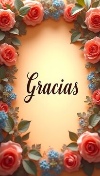 Gracias en Texto Cursiva Amarillo con Borde Floral de Rosas Rojas y Margaritas Blancas T&iacute;tulo Elegante