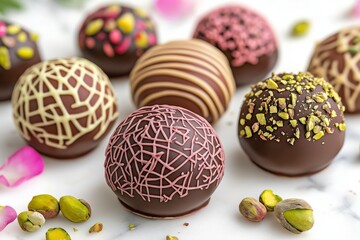 Obraz premium An arrangement of Dubai chocolate candies with pistachio on a marble surface