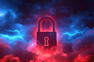 Secure Digital Lock with Lightning Effects in Cloudy Background