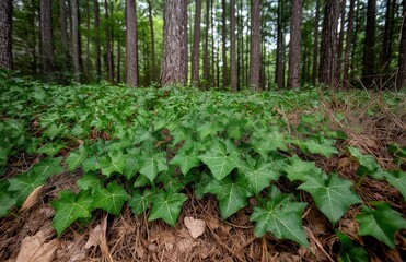 Fototapeta premium Lush green forest landscape with tall thick trees and dense vibrant foliage creating a peaceful natural environment The image showcases the beauty and tranquility of an untouched