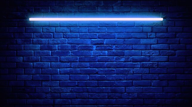 Glowing blue neon light shines against a textured blue brick wall