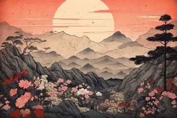 Ukiyo-e art print style landscape mountain outdoors.
