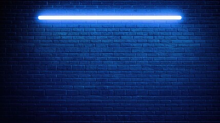 Glowing blue neon light is mounted horizontally against a textured dark brick wall