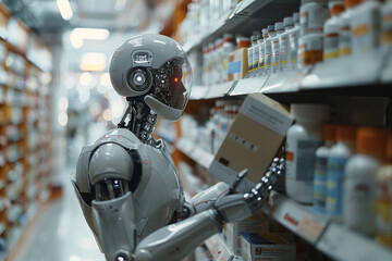 Fototapeta premium robot in action. robot in the drug store holding a box with drugs. robot works in the pharmacy store as a pharmacist. AI Generated