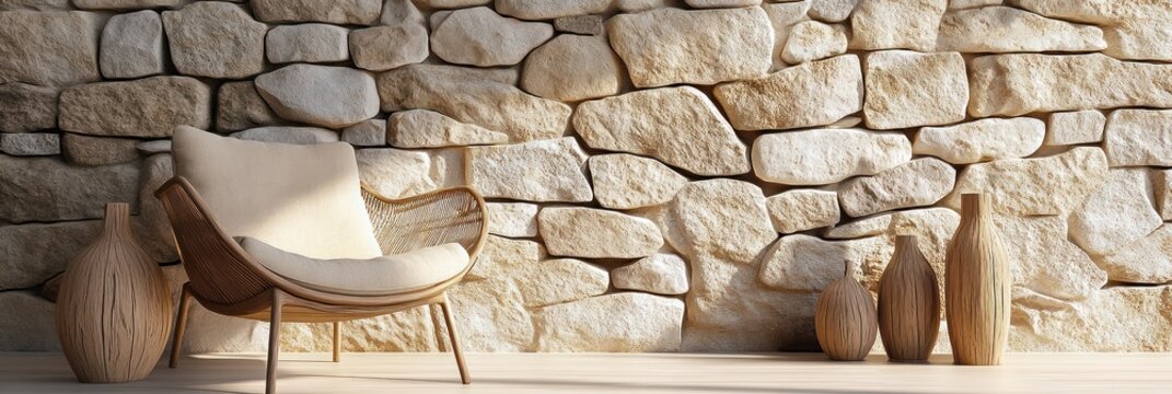 Un int&eacute;rieur d'une maison moderne avec un mur en pierre, un fauteuil confortable et des vases en bois au premier plan.