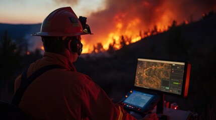 A fire unit chief directing operations at the scene of a wildfire, using technology to monitor fire activity and instruct firefighters on how to contain the spread