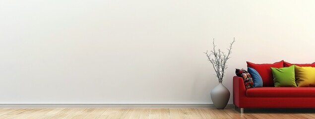 Un canapé rouge avec des coussins colorés contre un mur vide dans la décoration intérieure minimaliste d'un salon moderne avec plante dans un pot, image avec espace pour texte.