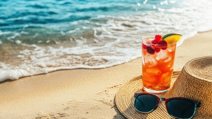 a straw hat adorned with a colorful band resting on sun-kissed sand, with an exotic cocktail in a tall glass beside it.