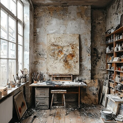 Artist's Studio with Large Abstract Painting and Natural Light