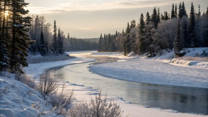 Fototapeta premium A winter landscape of meandering frozen river with snow-covered banks, and tall trees on each side.