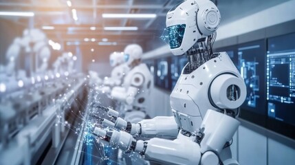 Fototapeta premium A futuristic industrial robotics scene with cyber-controlled robot arms performing tasks in an automated production line, representing cutting-edge Industry 4.0 technology